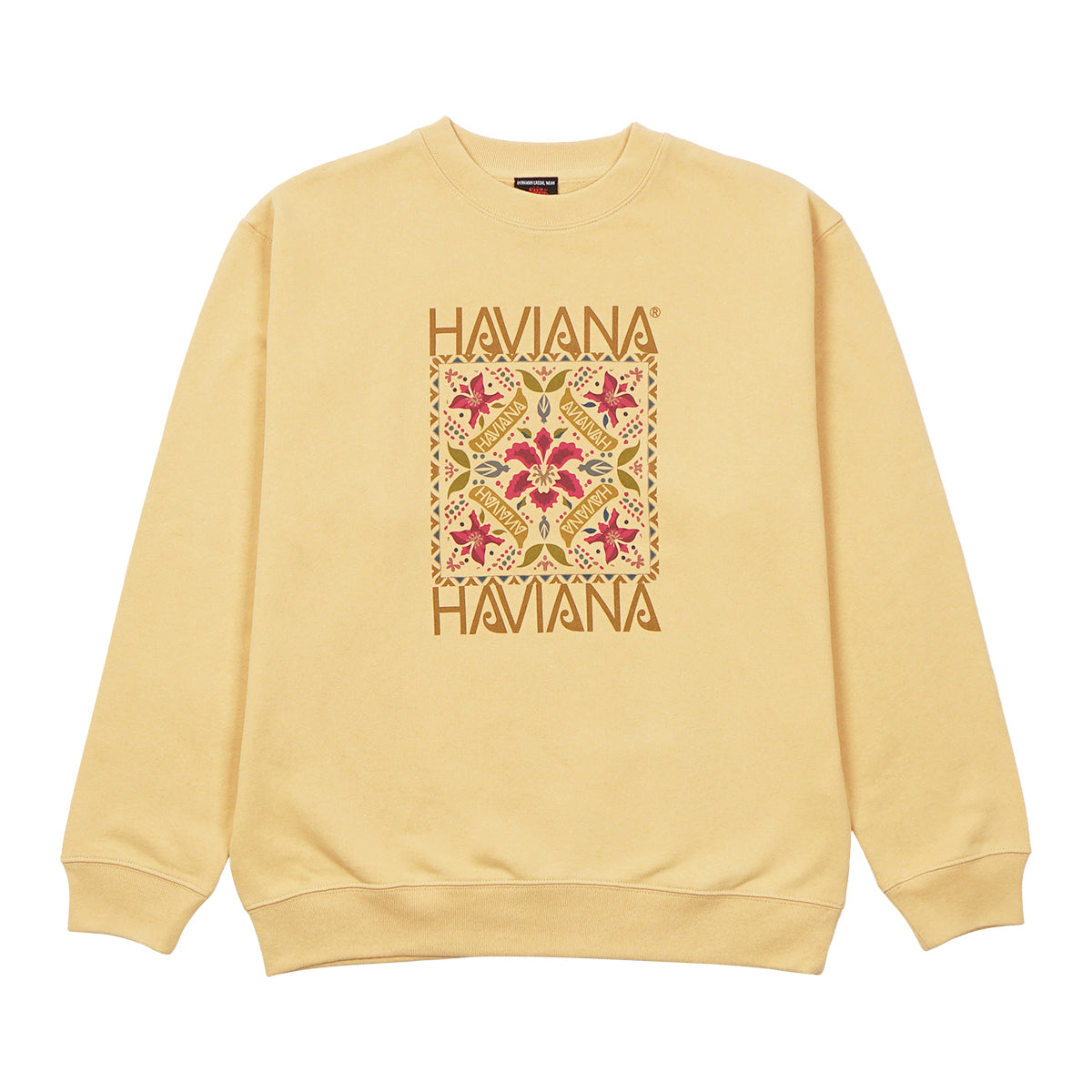 HAVIANA KALEID FLOWER スウェット イエロー 正面|南国植物をシンメトリックに配置したヴィンテージ調グラフィックデザイン|沖縄ファッションブランド 通販