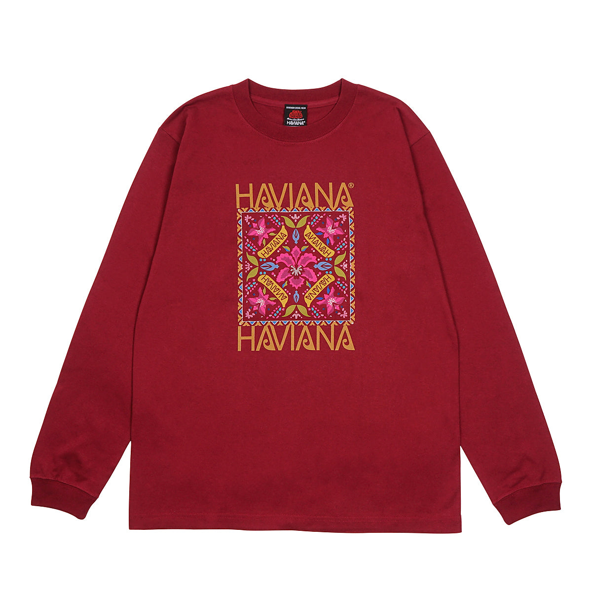HAVIANA KALEID FLOWER スウェット レッド 正面|南国植物をシンメトリックに配置したヴィンテージ調グラフィックデザイン|沖縄ファッションブランド 通販