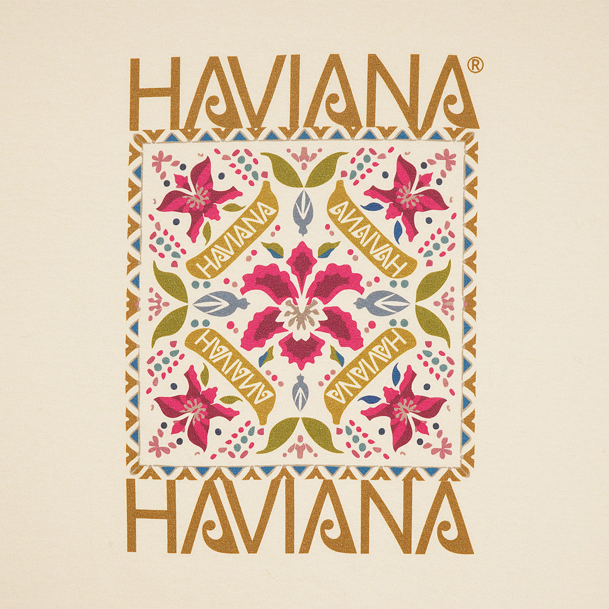 HAVIANA KALEID FLOWER スウェット アイボリー プリント拡大|南国モチーフが広がるシンメトリックデザイン|沖縄ファッションブランド 通販