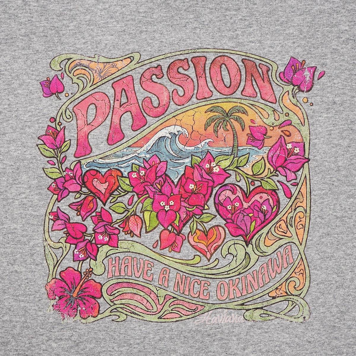 BOUGAIN PASSION Tシャツ ヘザーグレー ロゴ|HAVIANA 沖縄 グラフィックTシャツ サーフレトロ / ブーゲンビレア