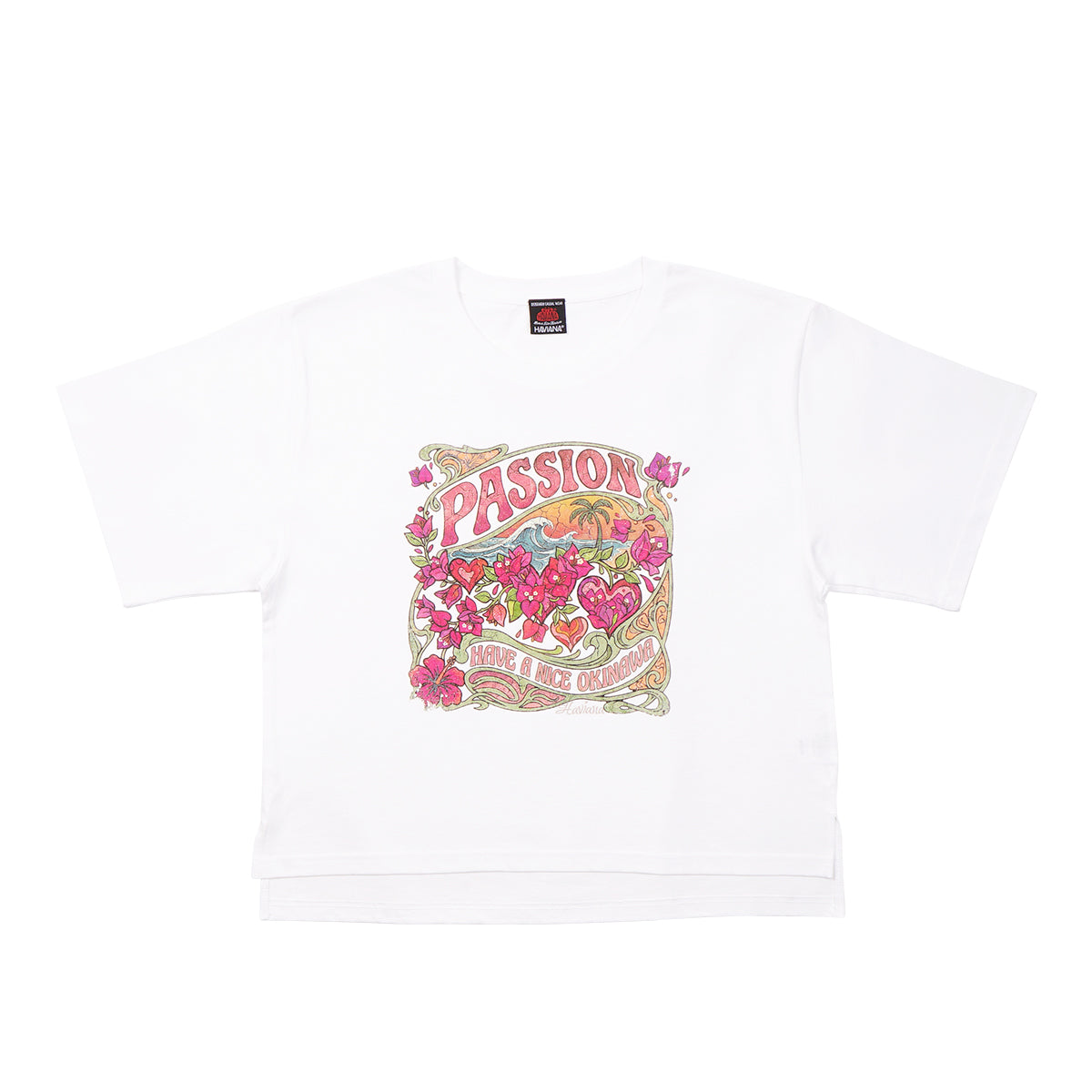 BOUGAIN PASSION Tシャツ ホワイト 正面|HAVIANA 沖縄 グラフィックTシャツ サーフレトロ / ブーゲンビレア