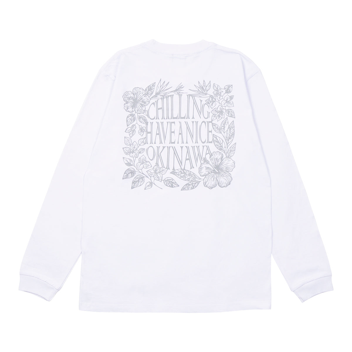 HAVIANA CHILL Flower frame スウェット ホワイト バックプリント|フラワーモチーフと英字ロゴを組み合わせた繊細なラインアートデザイン|沖縄ファッションブランド 通販