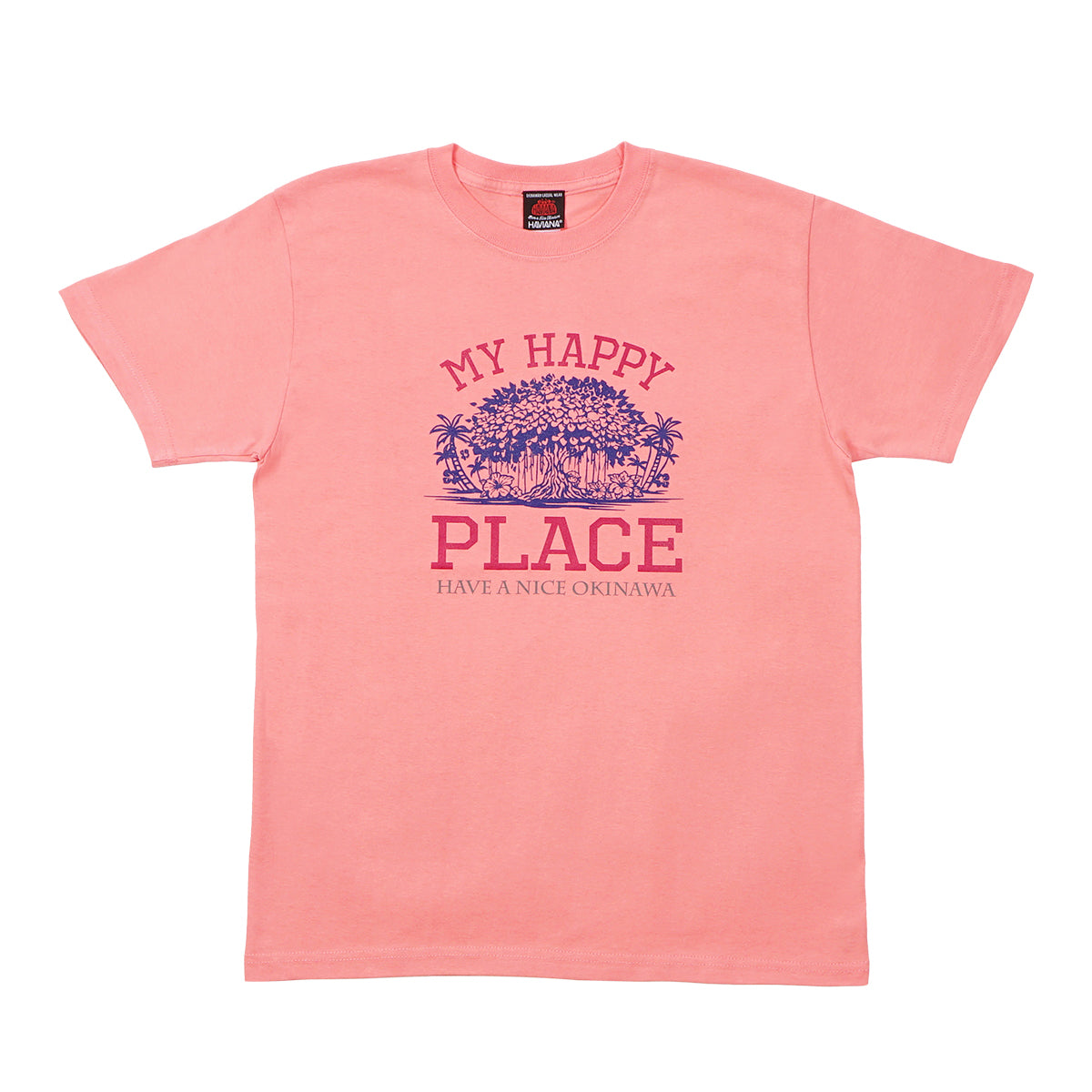 HAVIANA GAJYUMARU PLACE グラフィックTシャツ アプリコット 正面|MY HAPPY PLACEの文字とガジュマルと南国植物をあしらったイラストデザイン|沖縄ファッションブランド 通販