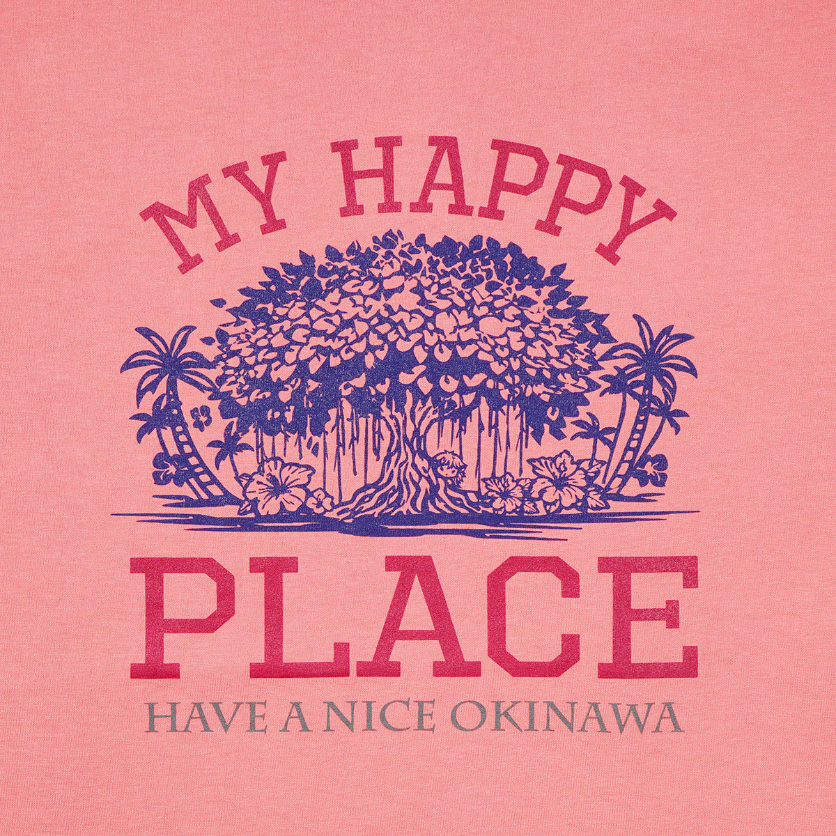 HAVIANA GAJYUMARU PLACE グラフィックTシャツ アプリコット プリント拡大|ガジュマルを中心に広がる南国ボタニカルの繊細なイラストディテール|沖縄ファッションブランド 通販