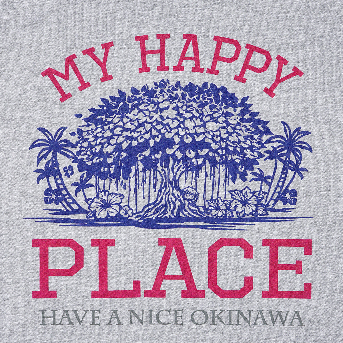 HAVIANA GAJYUMARU PLACE グラフィックTシャツ kidsサイズ ヘザーグレー デザイン|MY HAPPY PLACEの文字とガジュマルと南国植物をあしらったイラストデザイン|沖縄ファッションブランド 通販