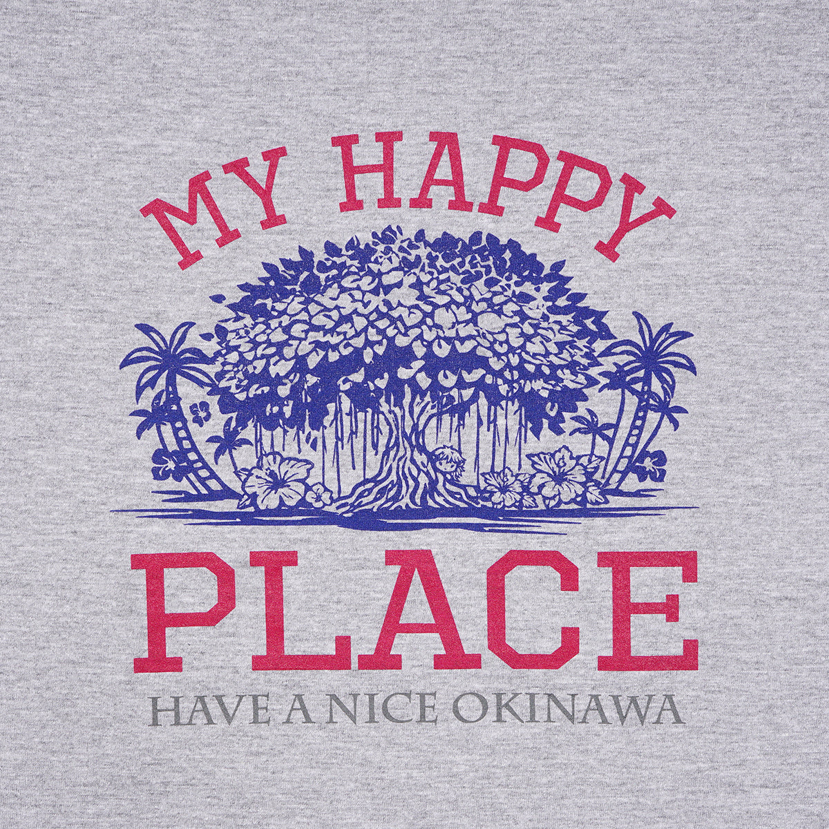 HAVIANA GAJYUMARU PLACE グラフィックTシャツ ヘザーグレー プリント拡大|ガジュマルを中心に広がる南国ボタニカルの繊細なイラストディテール|沖縄ファッションブランド 通販
