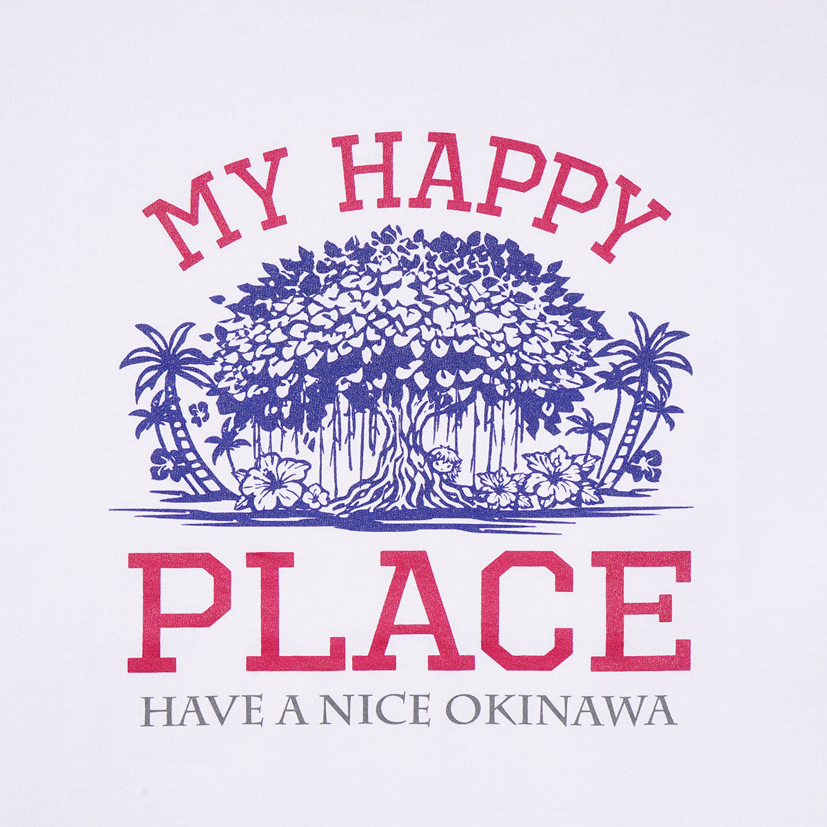HAVIANA GAJYUMARU PLACE グラフィックTシャツ ホワイト プリント拡大|ガジュマルを中心に広がる南国ボタニカルの繊細なイラストディテール|沖縄ファッションブランド 通販