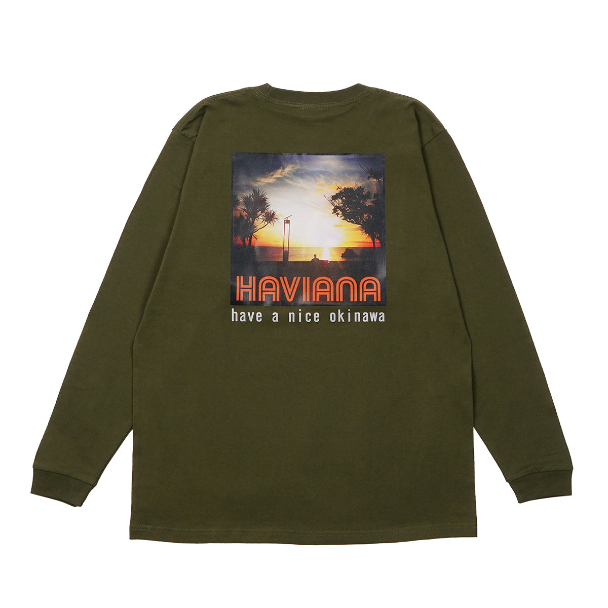 HAVIANA ORANGE SUNSET Photo T フォトTシャツ カーキ バックプリント|HAVE A NICE OKINAWAの文字と海の夕景写真|沖縄ファッションブランド 通販