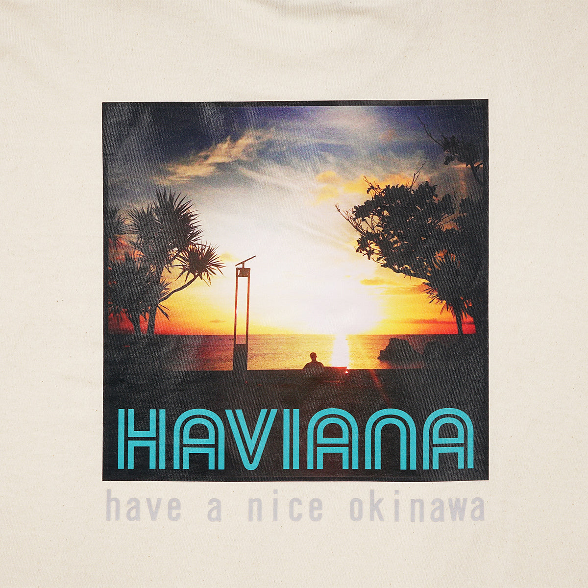 HAVIANA ORANGE SUNSET Photo T フォトTシャツ アイボリー プリント拡大|サンセットに染まる海と空のフォトグラフィックディテール|沖縄ファッションブランド 通販
