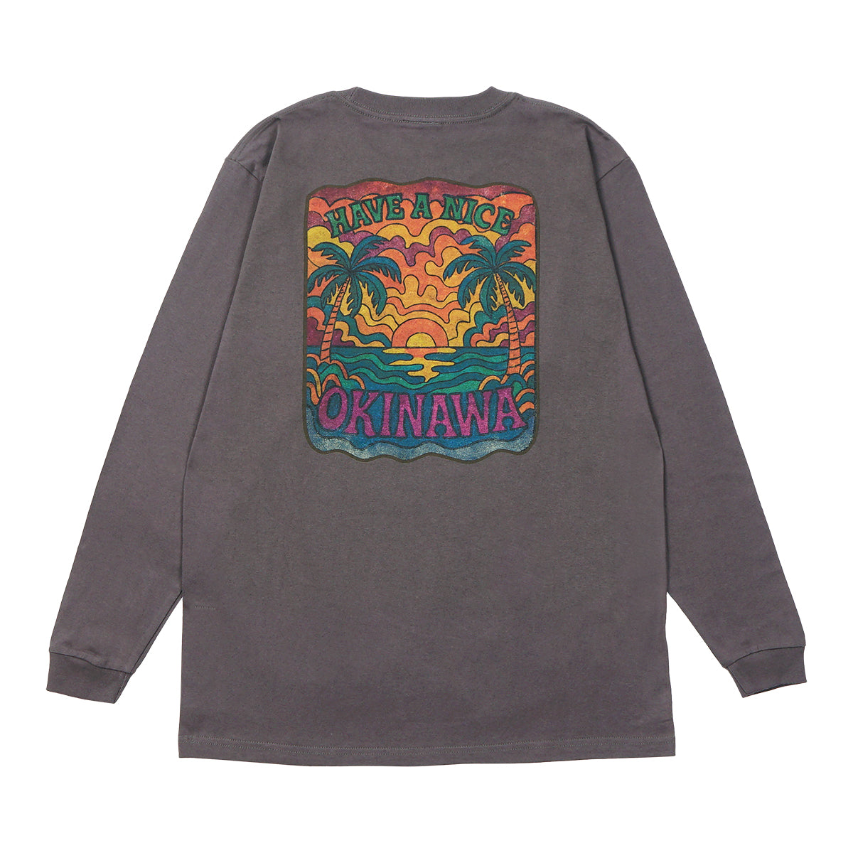 HAVIANA PALM SUNSET スウェット チャコール バックプリント|沖縄の夕暮れの海とヤシの木のレトログラフィック|沖縄ファッションブランド 通販