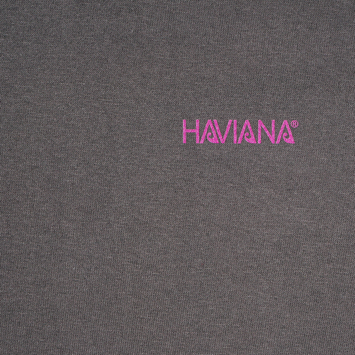 HAVIANA PALM SUNSET スウェット チャコール HAVIANAプリント拡大|沖縄の夕暮れの海とヤシの木のレトログラフィック|沖縄ファッションブランド 通販