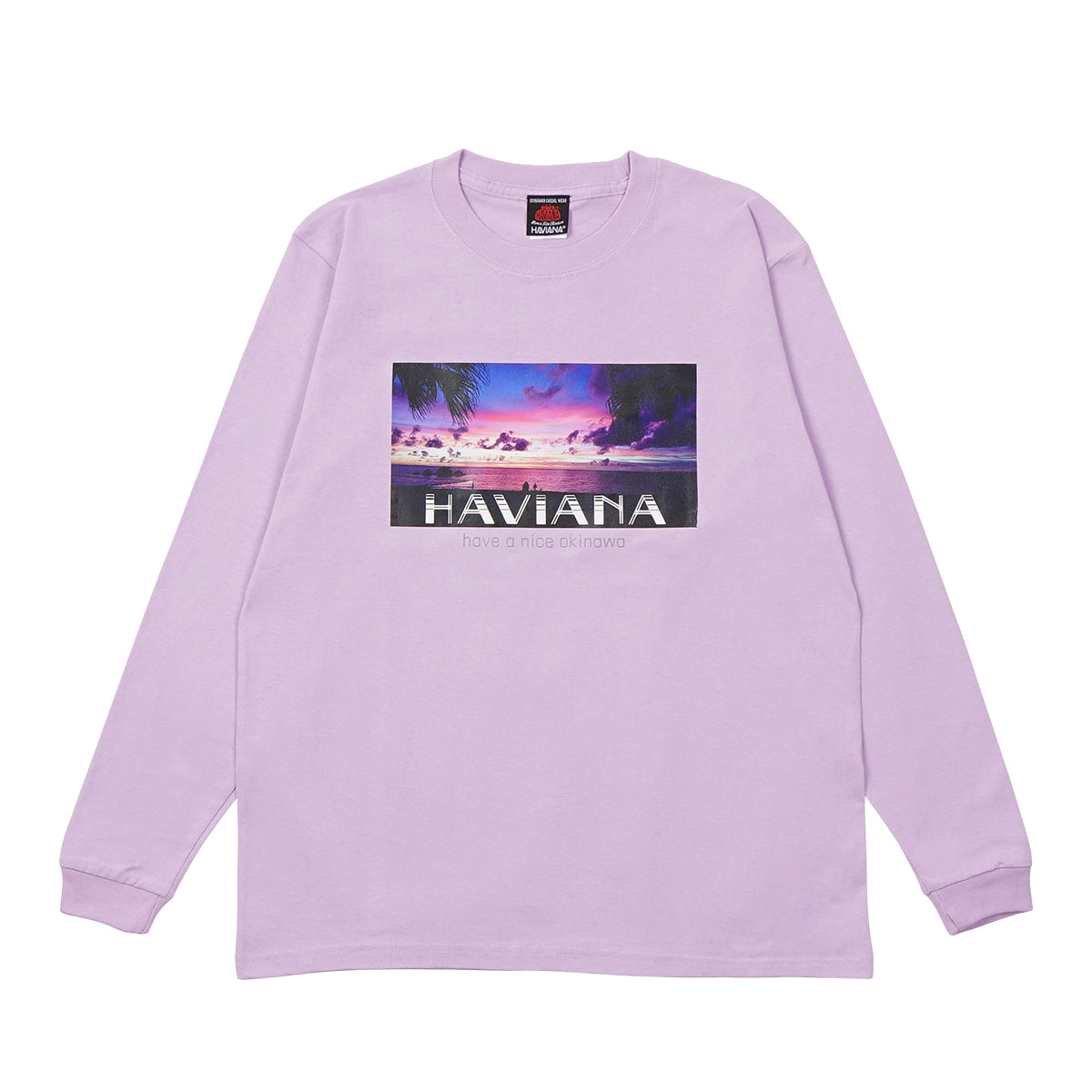 HAVIANA PINK SUNSET Photo T フォトTシャツ ピンク 正面|夕暮れのビーチ風景をプリントしたロングスリーブ|沖縄ファッションブランド 通販