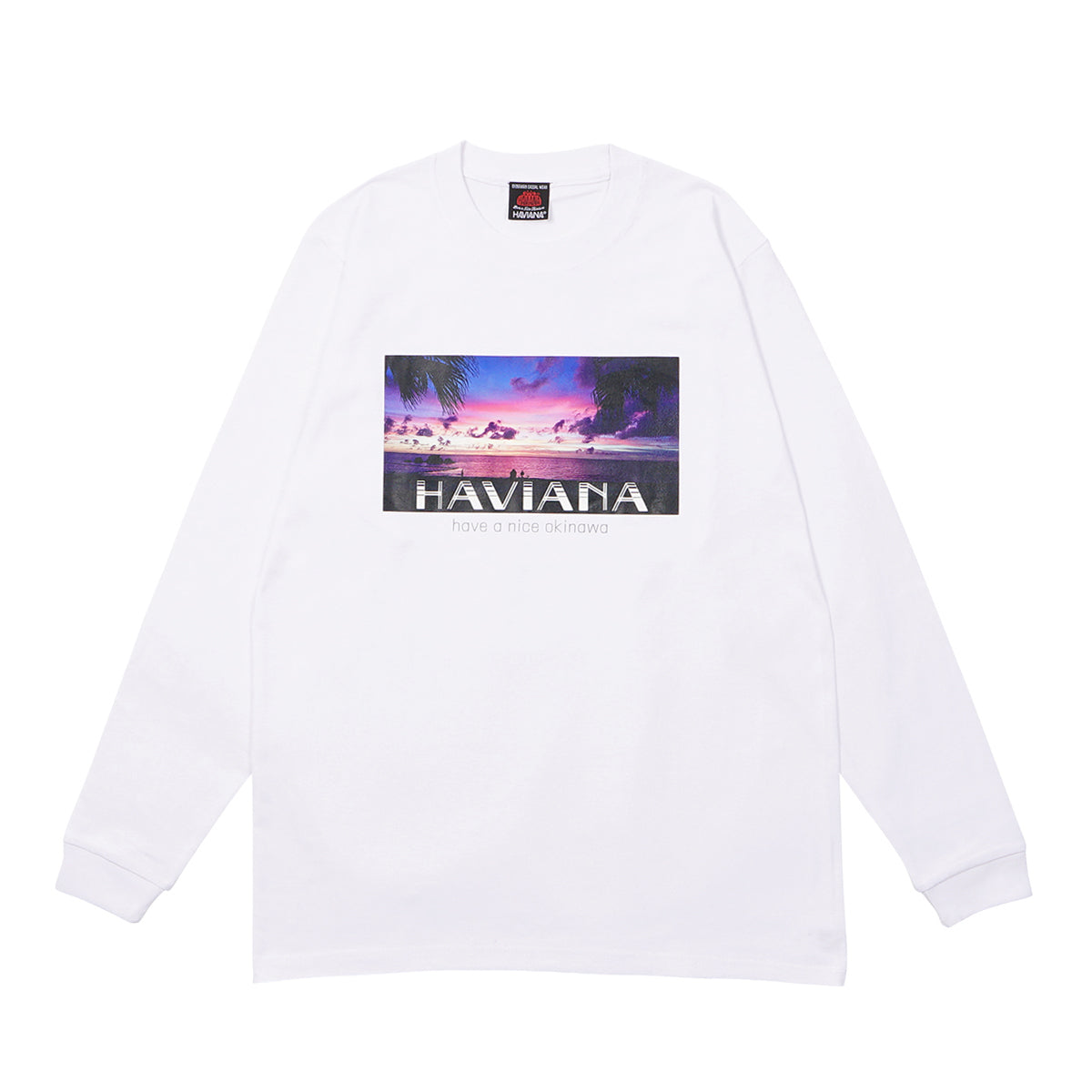 HAVIANA PINK SUNSET Photo T フォトTシャツ ホワイト 正面|夕暮れのビーチ風景をプリントしたロングスリーブ|沖縄ファッションブランド 通販