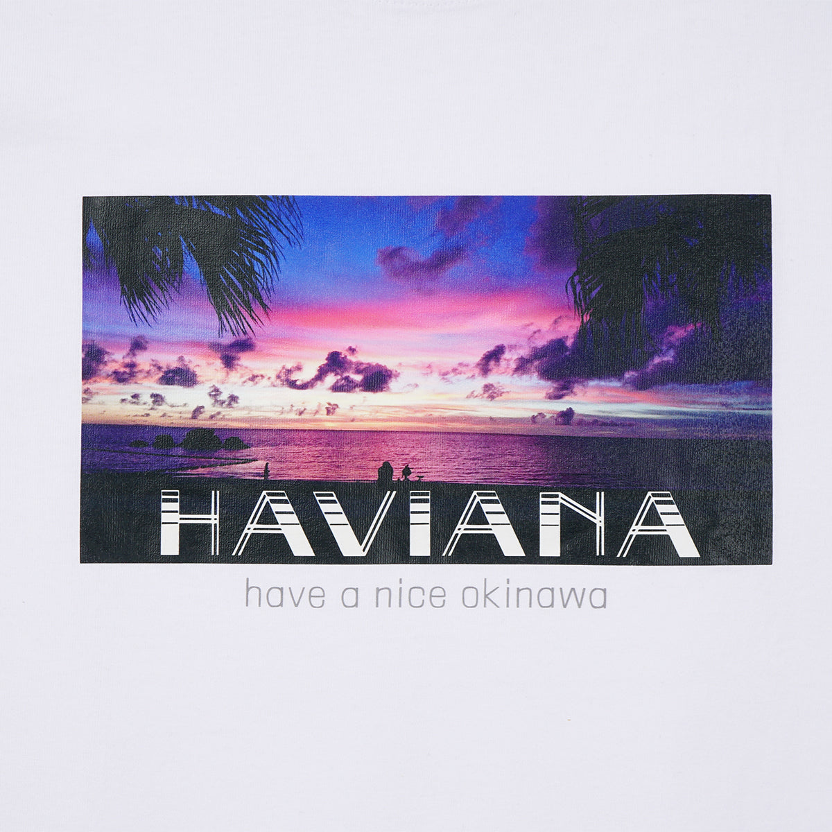 HAVIANA PINK SUNSET Photo T フォトTシャツ ホワイト プリント拡大|サンセットに染まる海と空のフォトグラフィックディテール|沖縄ファッションブランド 通販