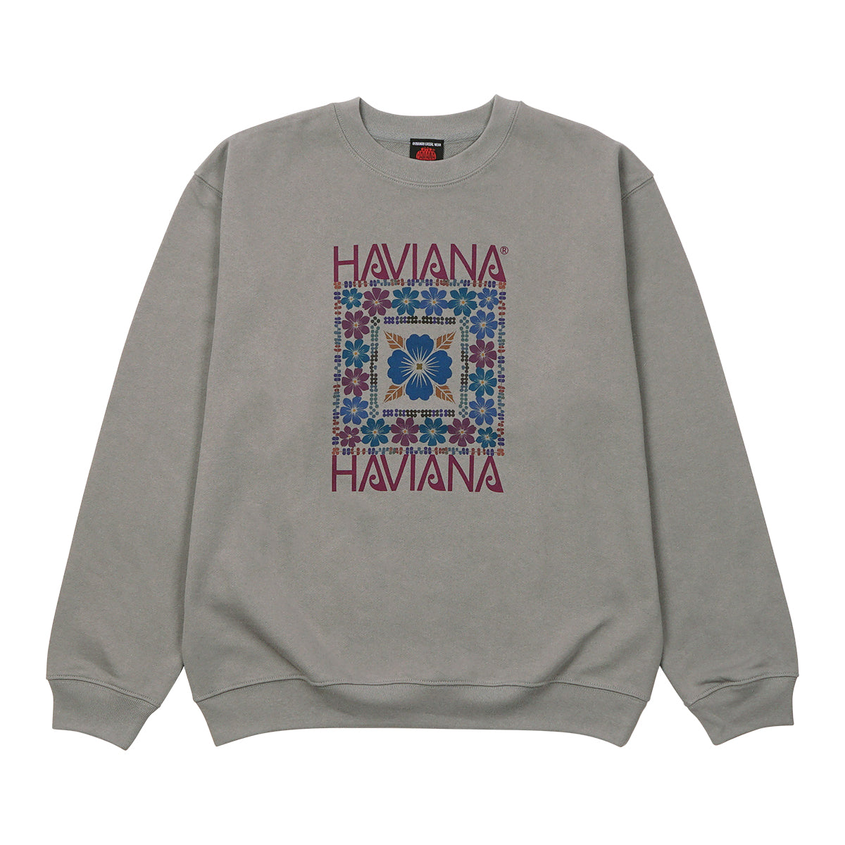 HAVIANA KALEID FLOWER スウェット グレー 正面｜ハイビスカスを幾何学的に配したカラフルなボタニカルデザイン｜沖縄ファッションブランド 通販