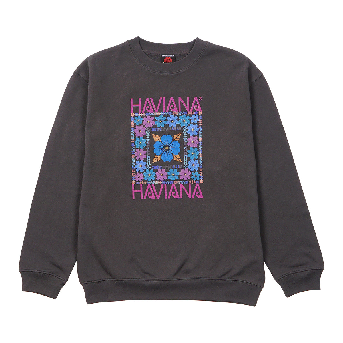 HAVIANA KALEID FLOWER スウェット チャコール 正面｜ハイビスカスを幾何学的に配したカラフルなボタニカルデザイン｜沖縄ファッションブランド 通販