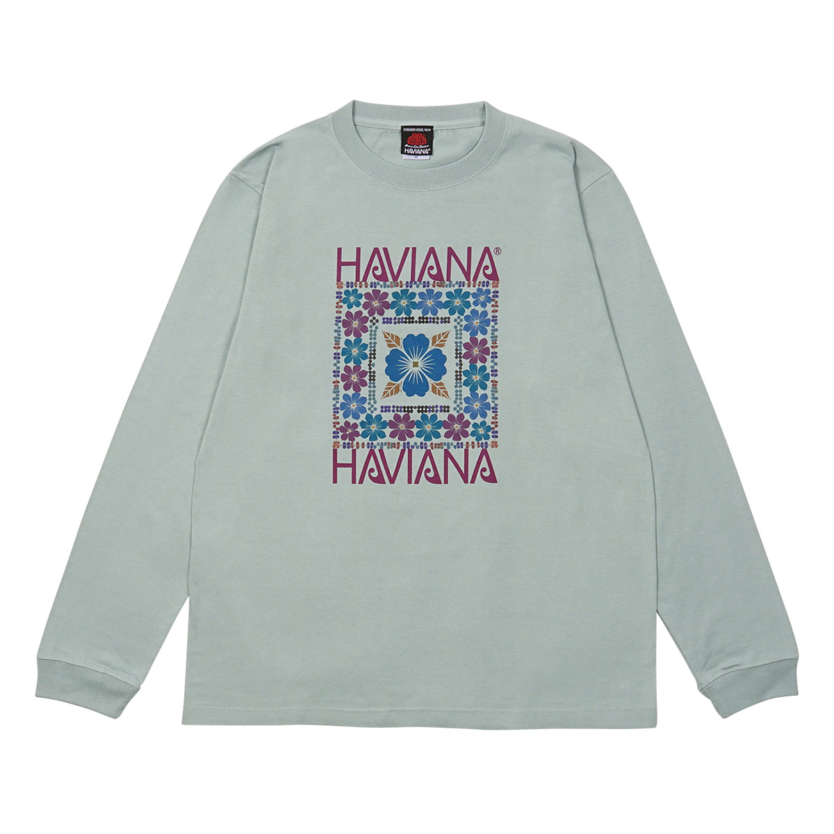HAVIANA KALEID FLOWER スウェット スモーキーブルー 正面｜ハイビスカスを幾何学的に配したカラフルなボタニカルデザイン｜沖縄ファッションブランド 通販