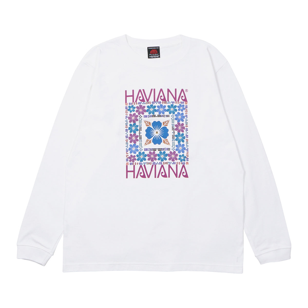 HAVIANA KALEID FLOWER スウェット ホワイト 正面｜ハイビスカスを幾何学的に配したカラフルなボタニカルデザイン｜沖縄ファッションブランド 通販