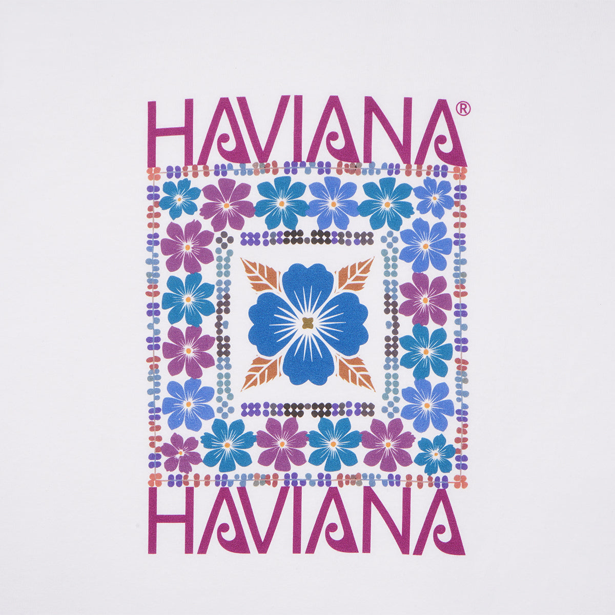 HAVIANA KALEID FLOWER スウェット ホワイト プリント拡大｜ハイビスカスをシンメトリックに配置したボタニカルグラフィックディテール｜沖縄ファッションブランド 通販