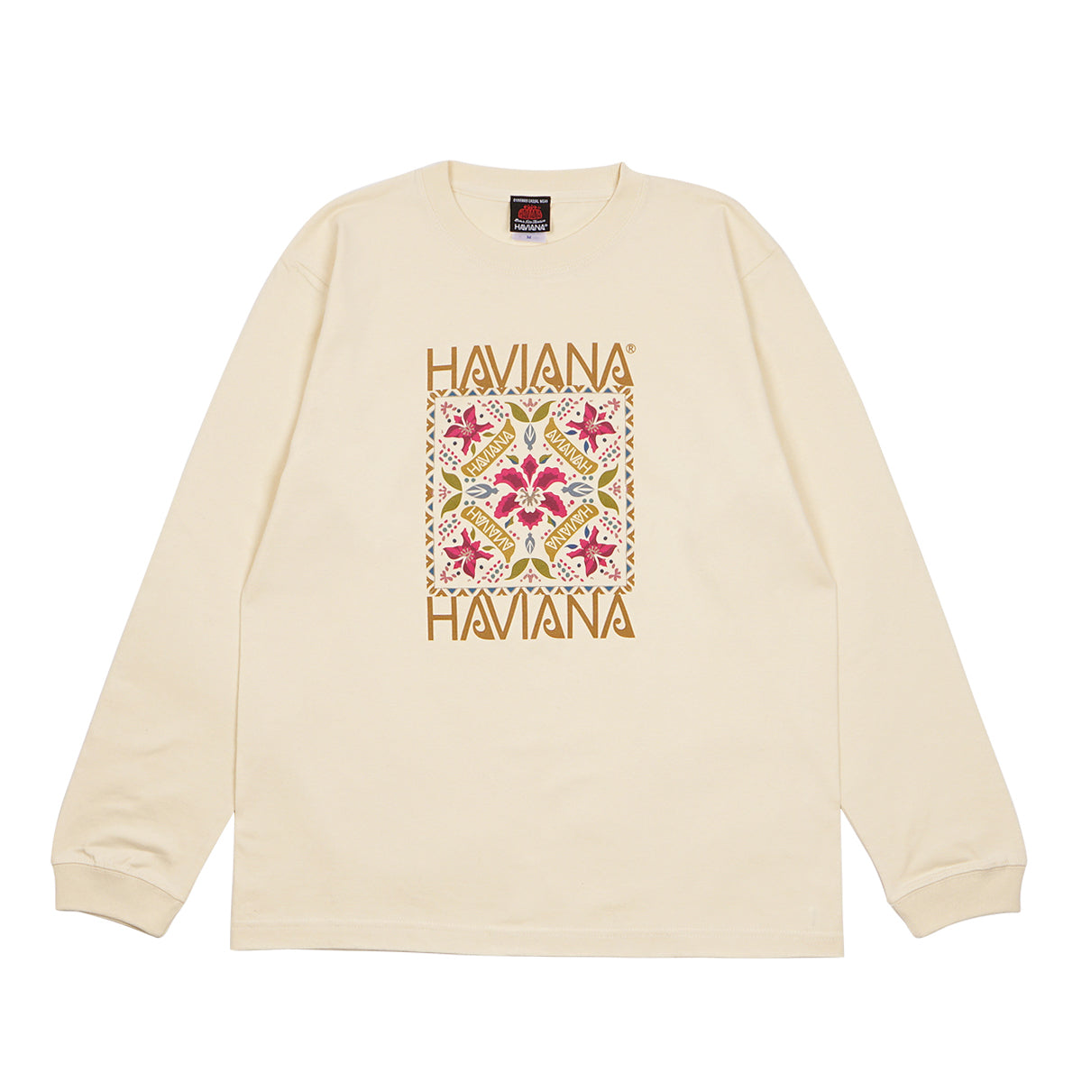 HAVIANA KALEID FLOWER スウェット アイボリー 正面｜南国植物をシンメトリックに配置したヴィンテージ調グラフィックデザイン｜沖縄ファッションブランド 通販