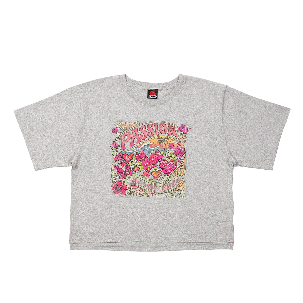 BOUGAIN PASSION Tシャツ ヘザーグレー 正面｜HAVIANA 沖縄 グラフィックTシャツ サーフレトロ / ブーゲンビレア