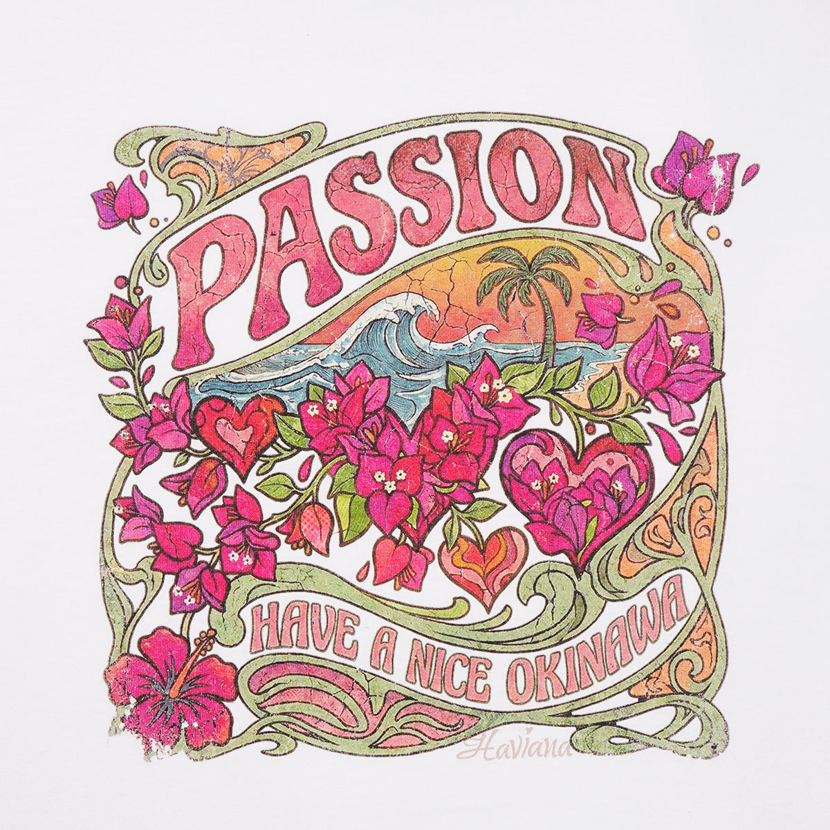 BOUGAIN PASSION Tシャツ ホワイト ロゴ｜HAVIANA 沖縄 グラフィックTシャツ サーフレトロ / ブーゲンビレア