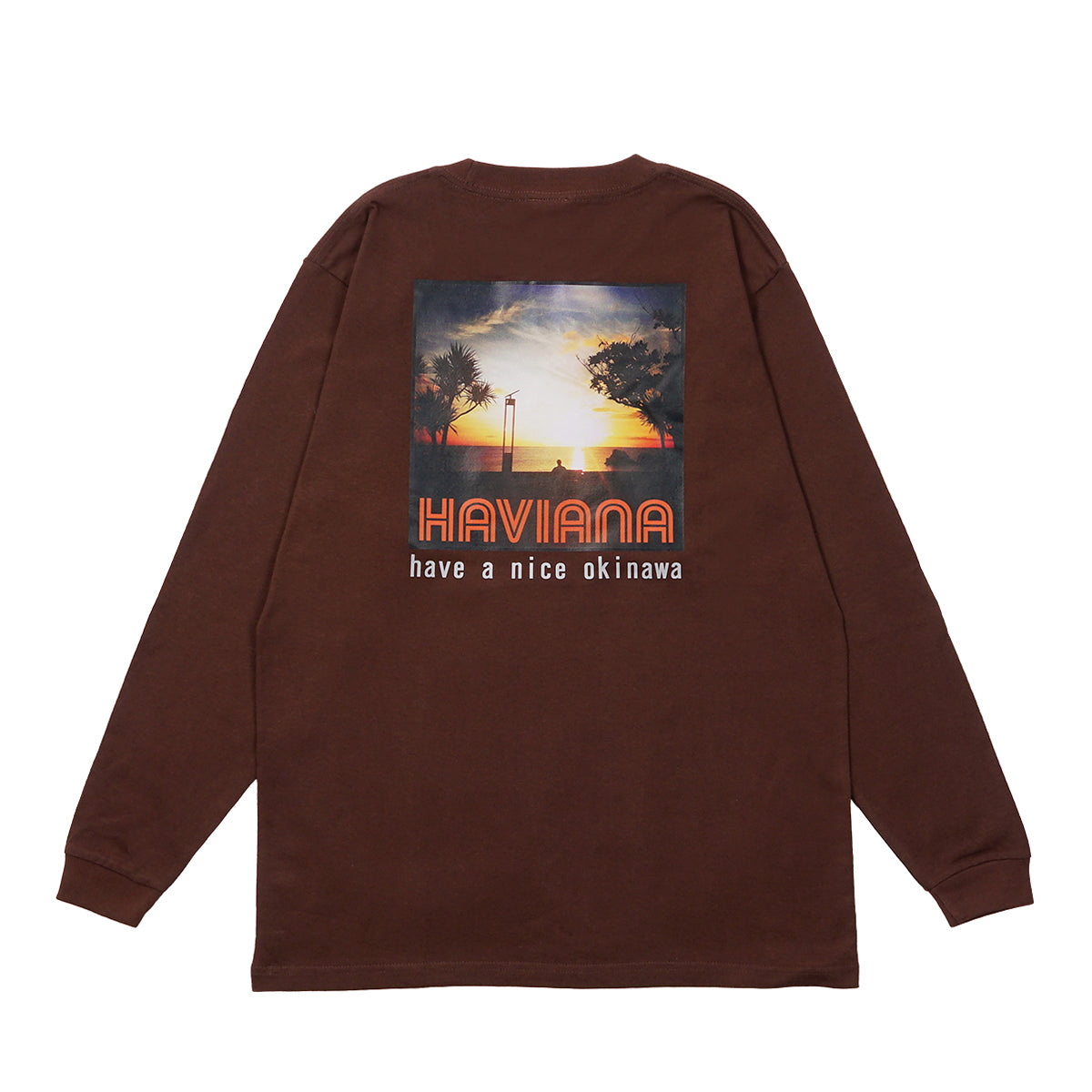 HAVIANA ORANGE SUNSET Photo T フォトTシャツ ブラウン バックプリント｜HAVE A NICE OKINAWAの文字と海の夕景写真｜沖縄ファッションブランド 通販