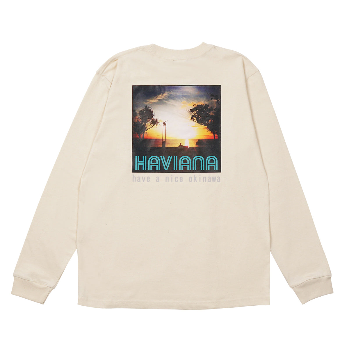 HAVIANA ORANGE SUNSET Photo T フォトTシャツ アイボリー バックプリント｜HAVE A NICE OKINAWAの文字と海の夕景写真｜沖縄ファッションブランド 通販