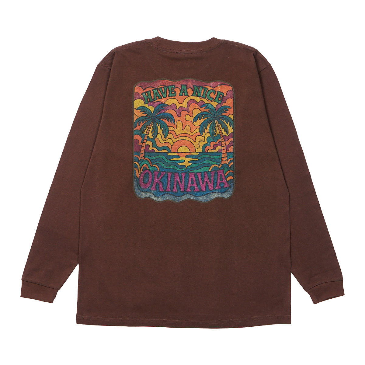 HAVIANA PALM SUNSET スウェット ブラウン バックプリント｜沖縄の夕暮れの海とヤシの木のレトログラフィック｜沖縄ファッションブランド 通販