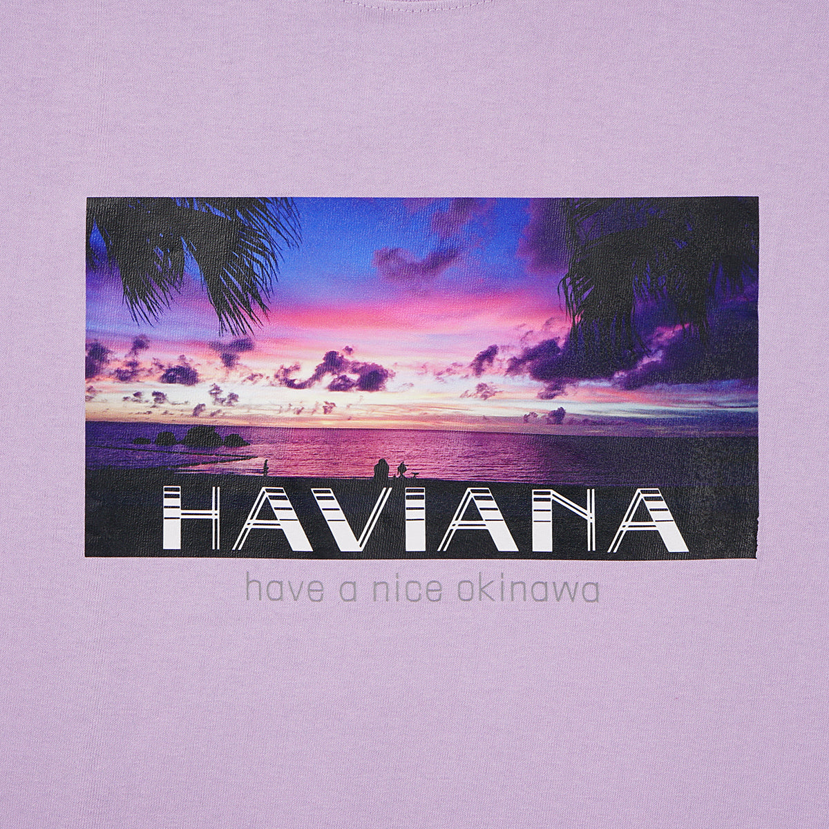 HAVIANA PINK SUNSET Photo T フォトTシャツ ピンク プリント拡大｜サンセットに染まる海と空のフォトグラフィックディテール｜沖縄ファッションブランド 通販